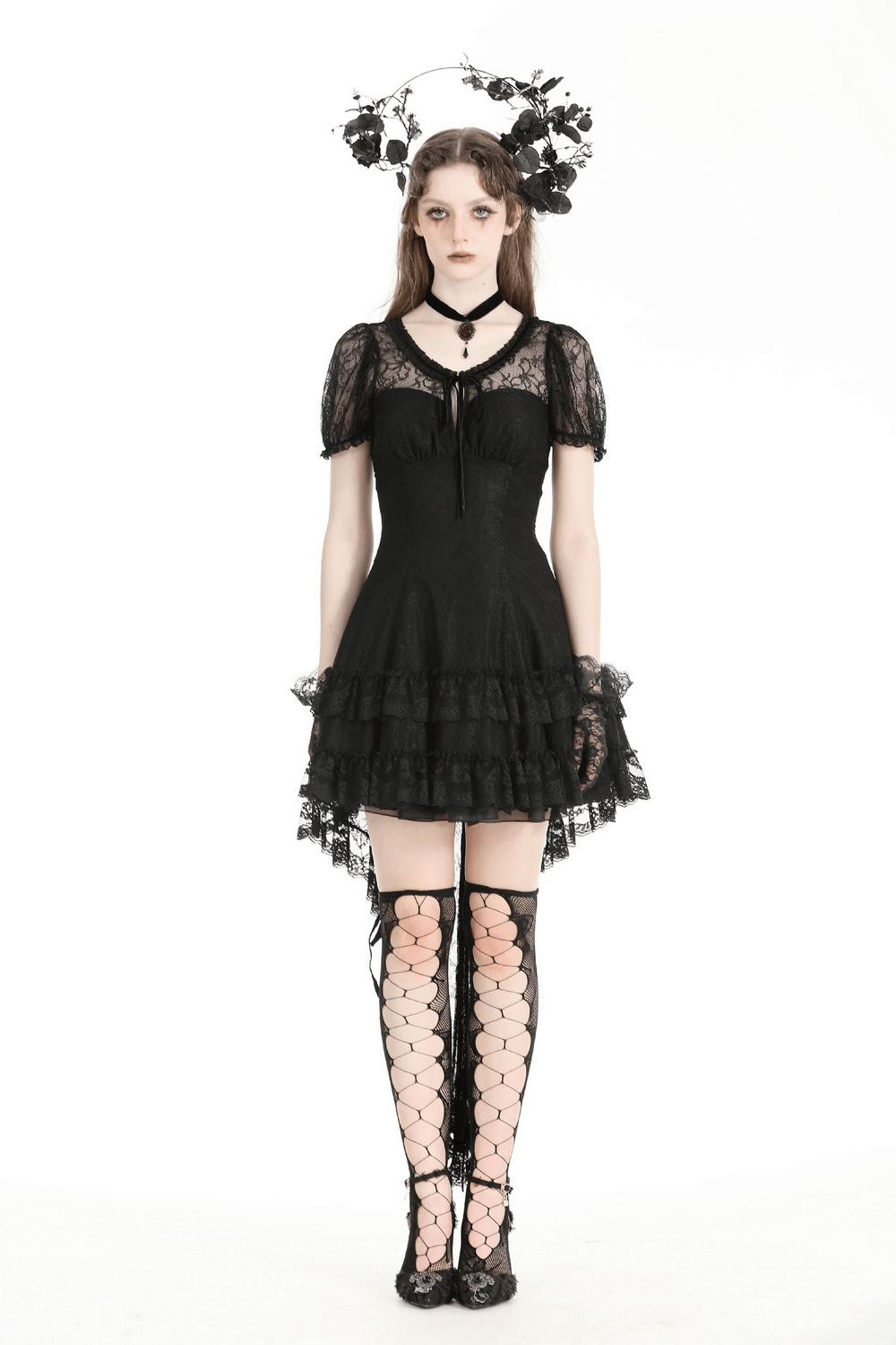 Women's Elegant Gothic Dress with Lace Overlay and Tail