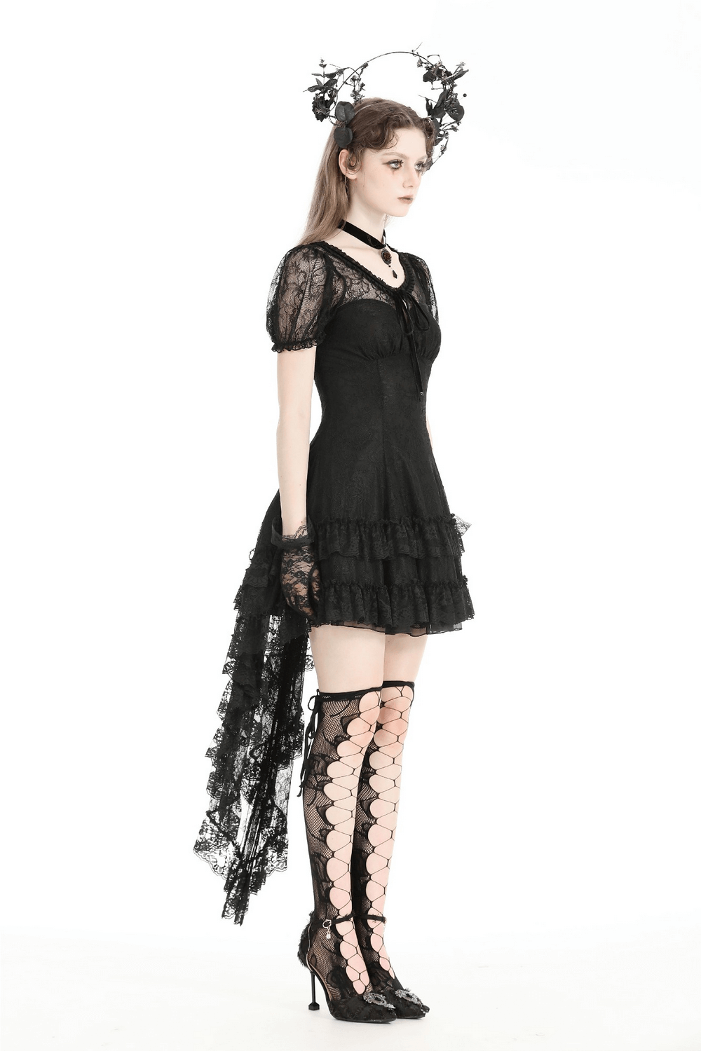 Women's Elegant Gothic Dress with Lace Overlay and Tail