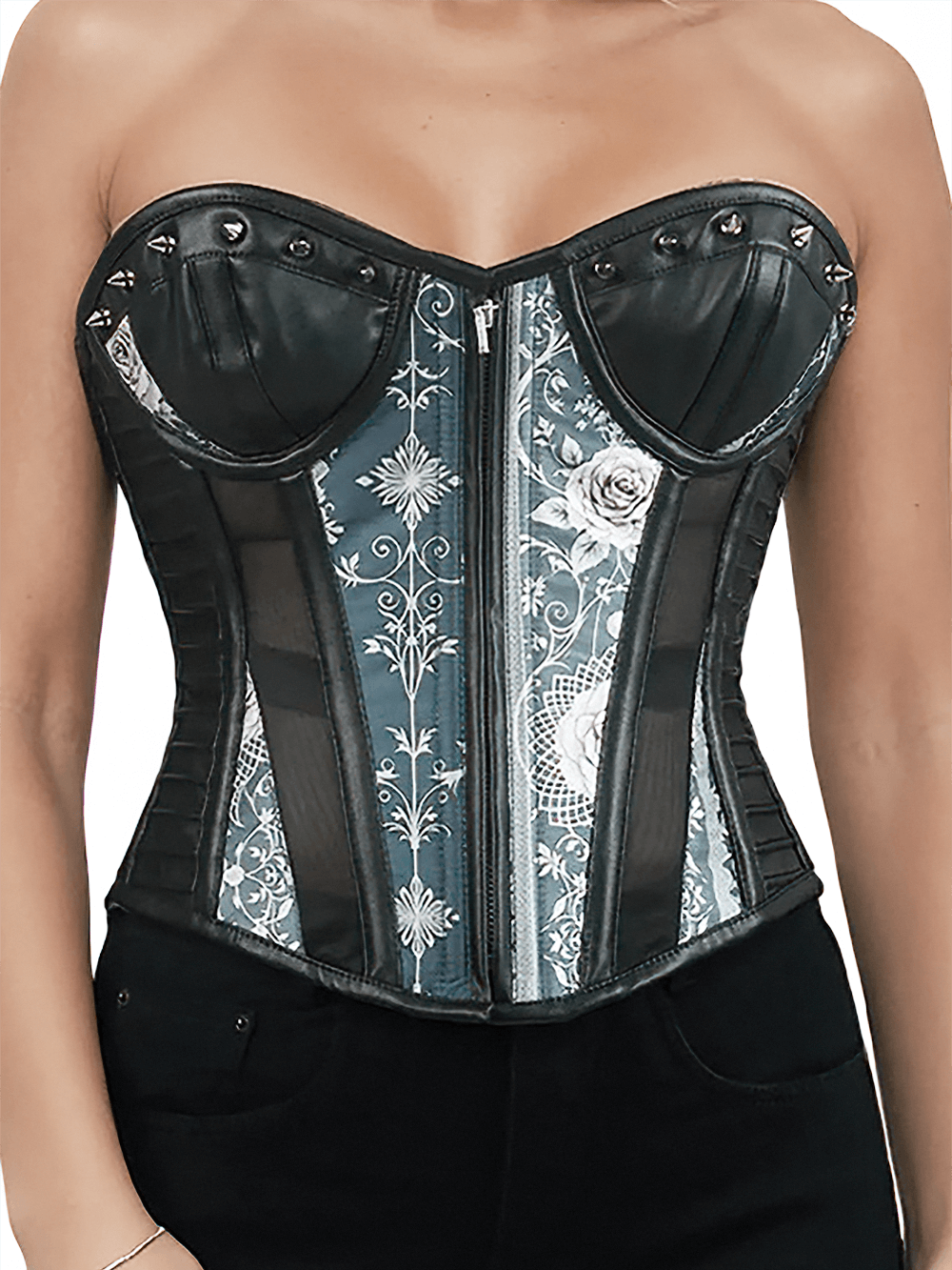 Women's Ethereal Lace and Rose Gothic Overbust Corset with steel blue floral design and faux leather details