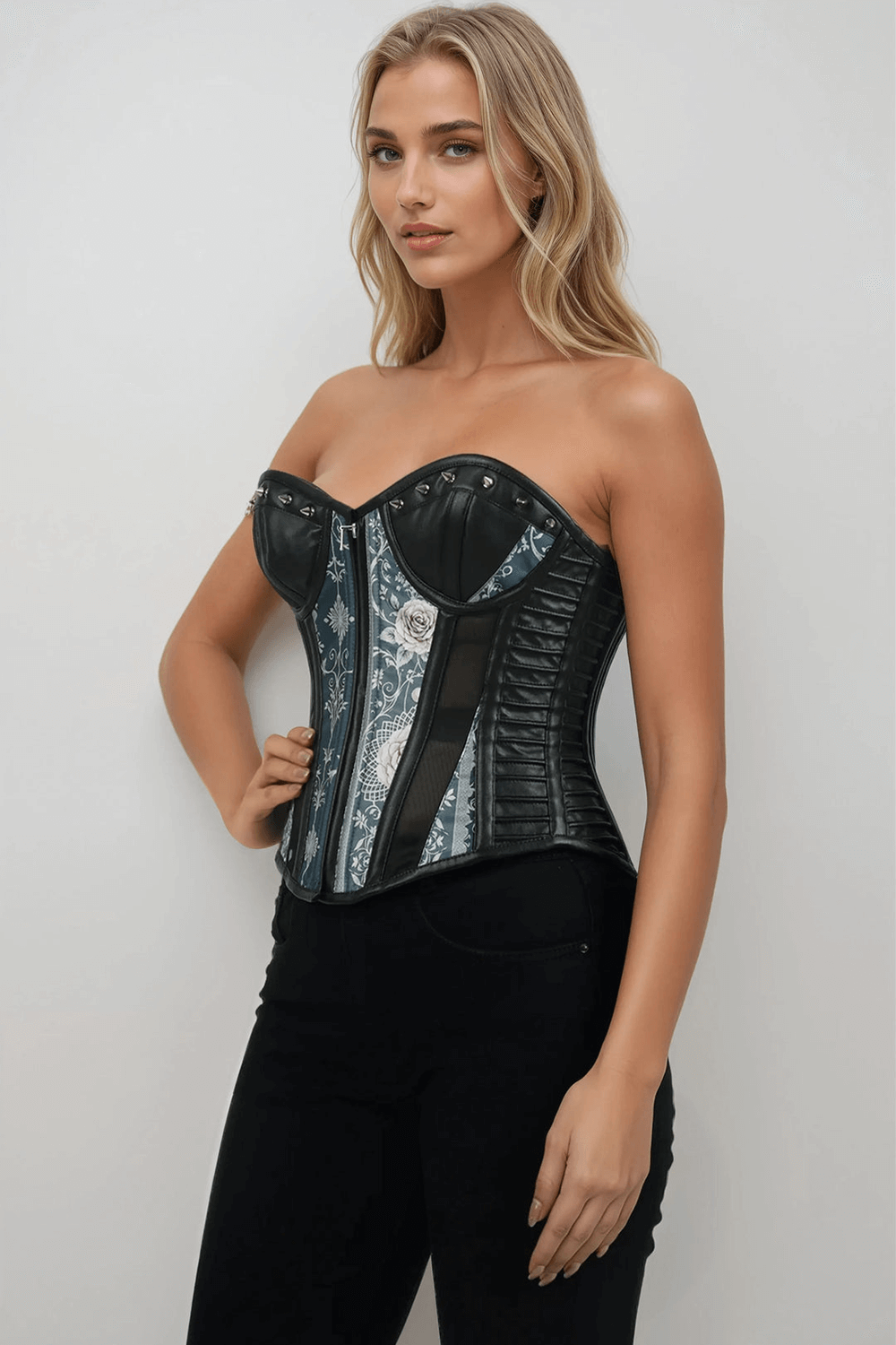 Women's Ethereal Lace and Rose Gothic Overbust Corset with black faux leather and steel blue floral design.