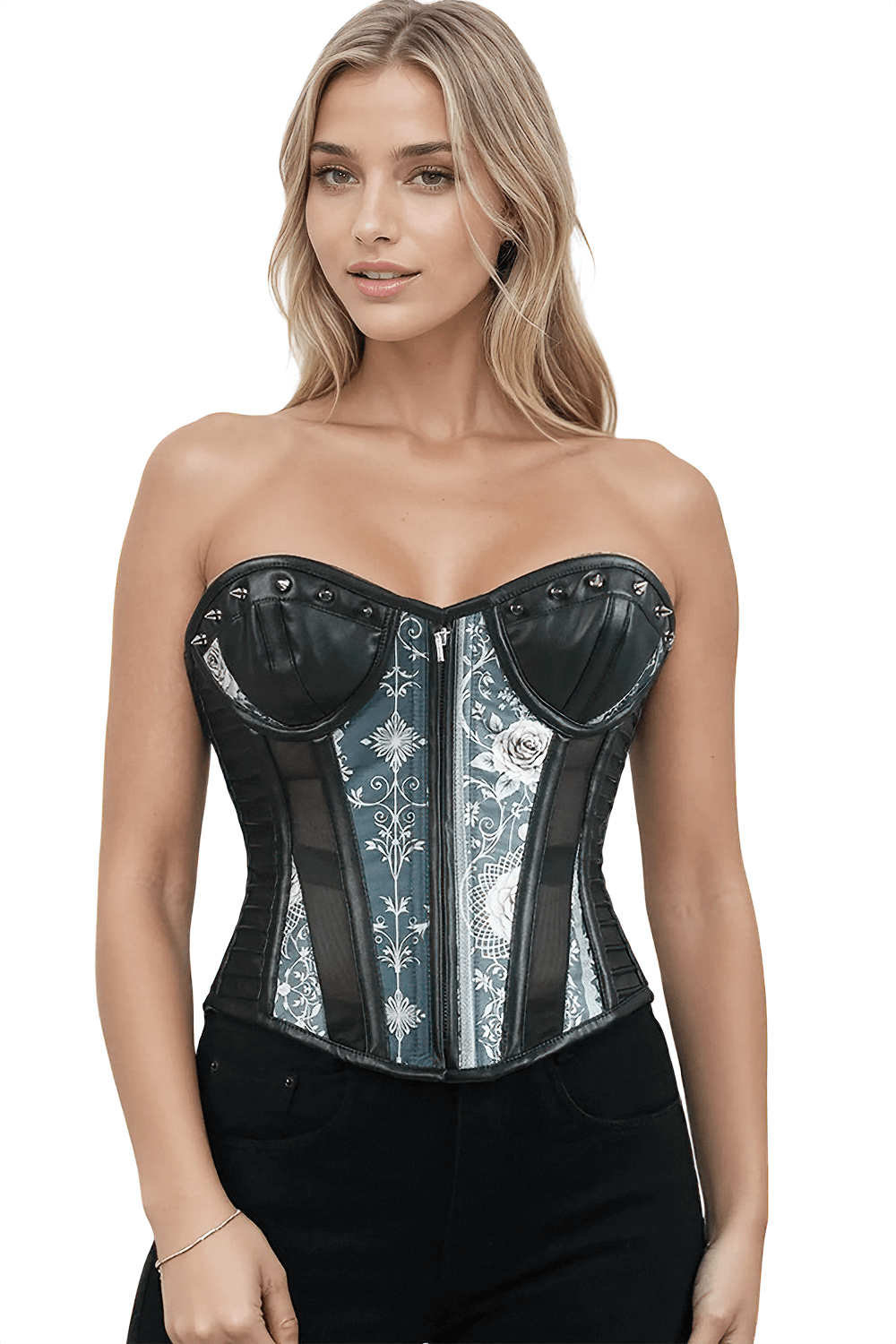 Women's Ethereal Lace and Rose Gothic Overbust Corset featuring steel blue floral lace and faux leather accents.