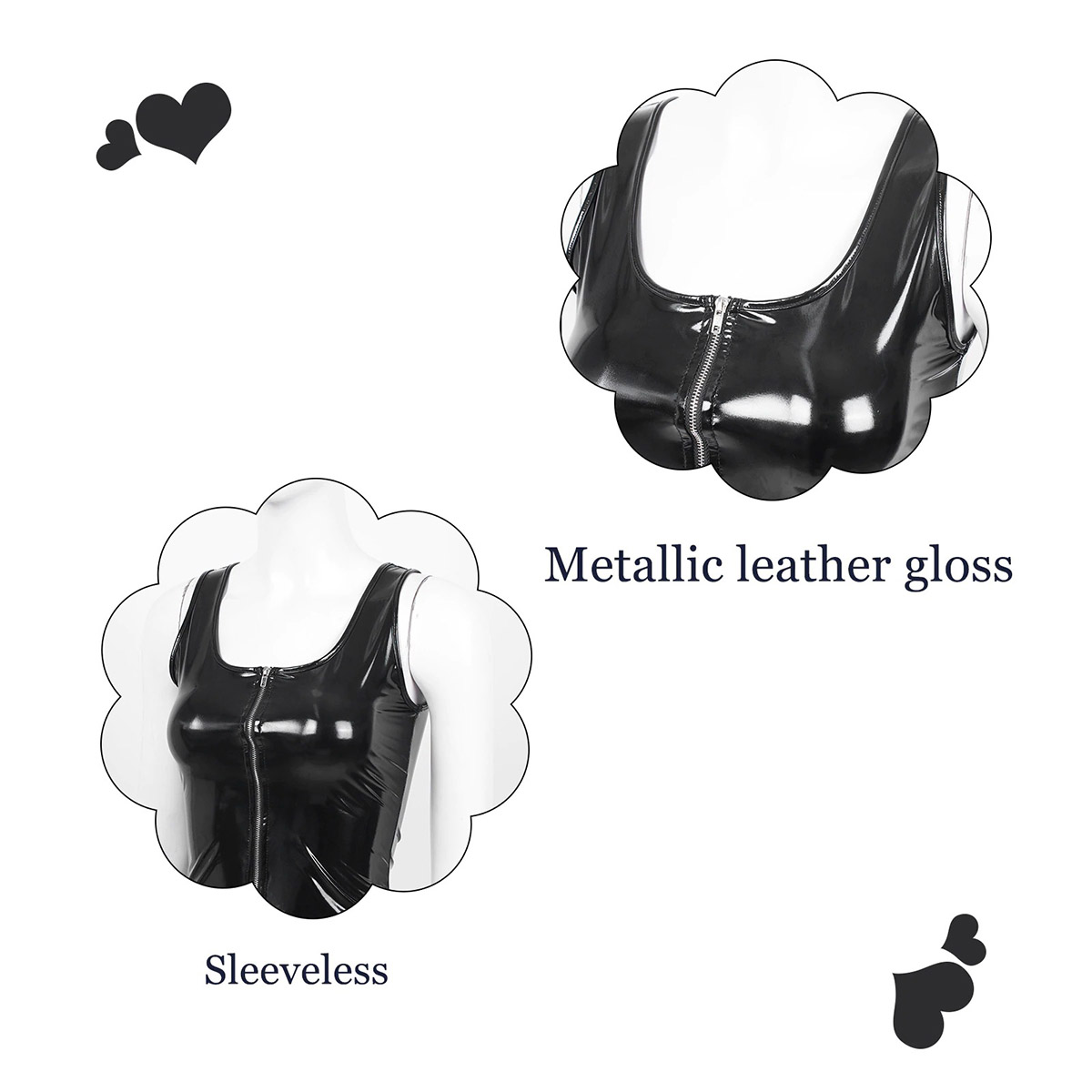 Women's Fashion Patent Leather Tank Top with Zipper / U Neck Sleeveless Tops for Pole Dancing - HARD'N'HEAVY