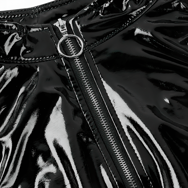 Close-up of a black wetlook sexy tank top featuring a stylish zipper detail for evening party wear.
