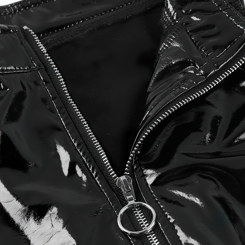 Close-up of a black wetlook tank top featuring a stylish zipper for trendy evening wear.