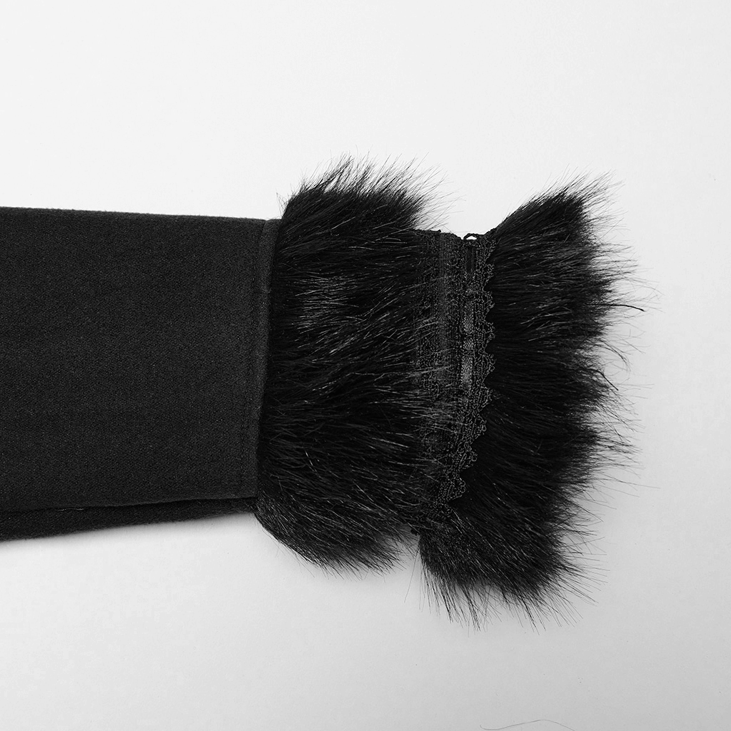 Close-up of luxurious faux fur trimming on a women's gothic coat sleeve, showcasing elegance and warmth.