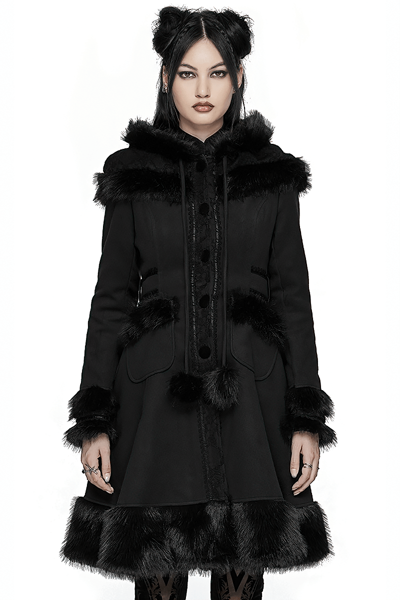 Women's Gothic hooded woolen coat with faux fur trim, elegant style and warmth for winter fashion.