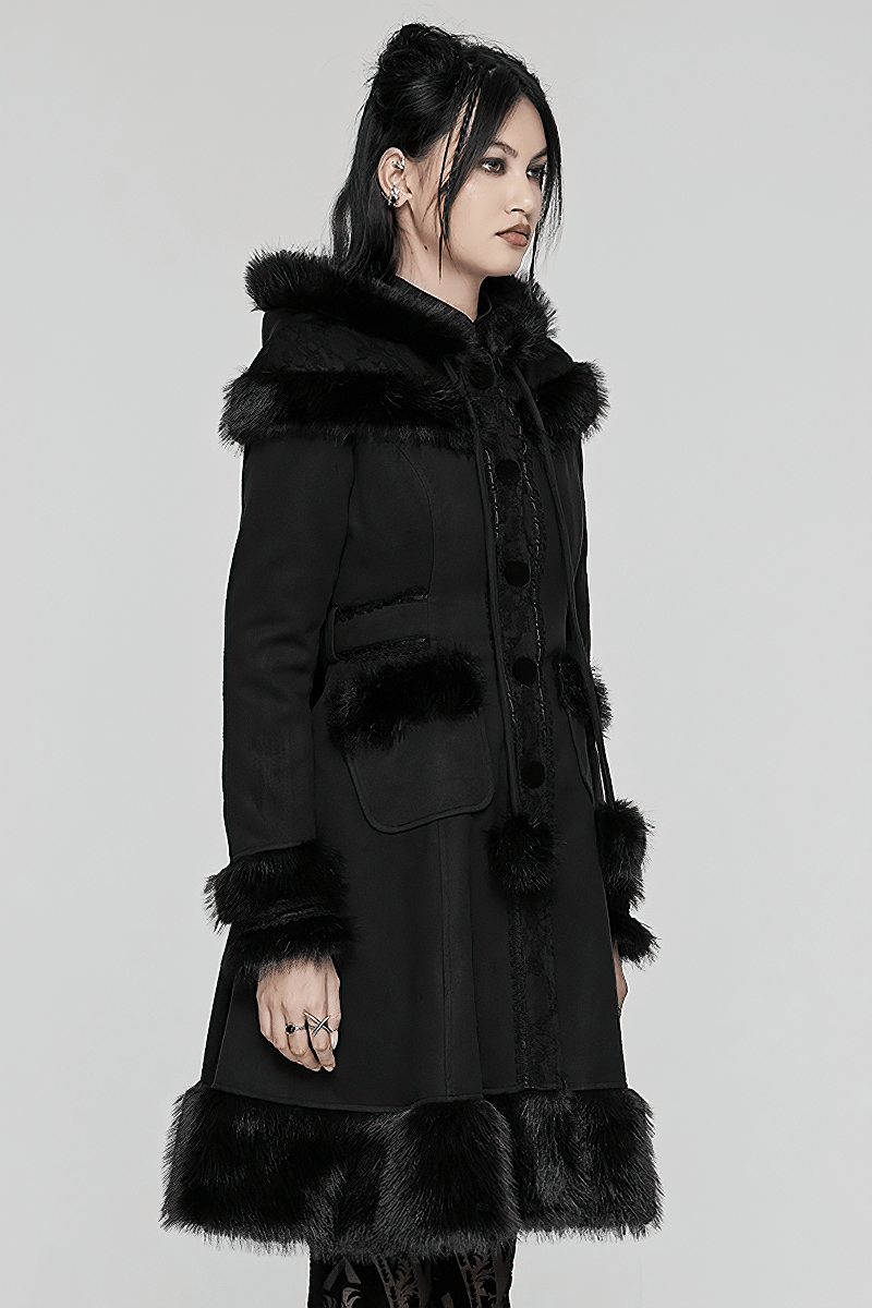 Women's Gothic hooded woolen coat with faux fur trim, showcasing elegance and warmth for winter fashion.