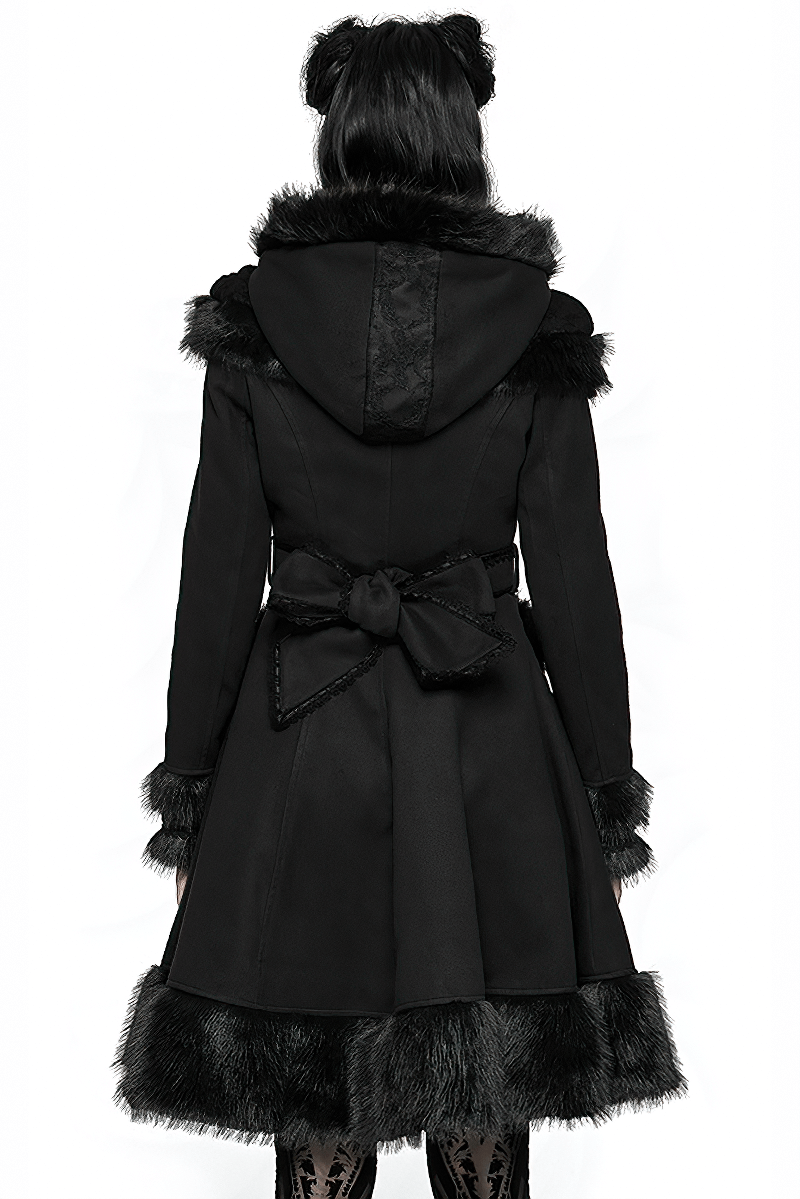 Back view of a women's medium long gothic wool coat with faux fur trim and a stylish bow belt.