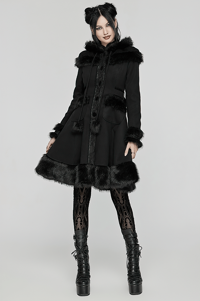 Fashion model showcasing a women's gothic woolen coat with faux fur trim, paired with stylish leggings and platform boots.