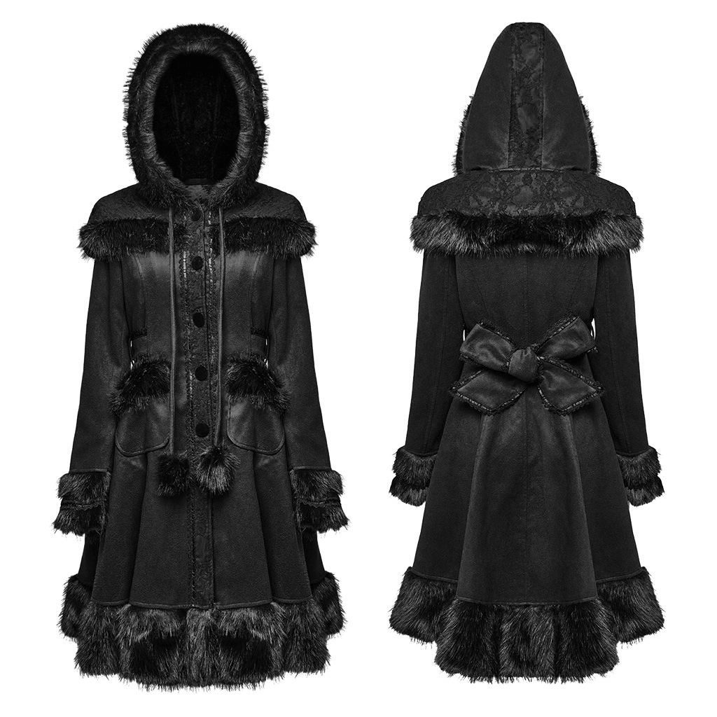 Elegant women's gothic hooded woolen coat with faux fur trim and bow detail, perfect for winter style.
