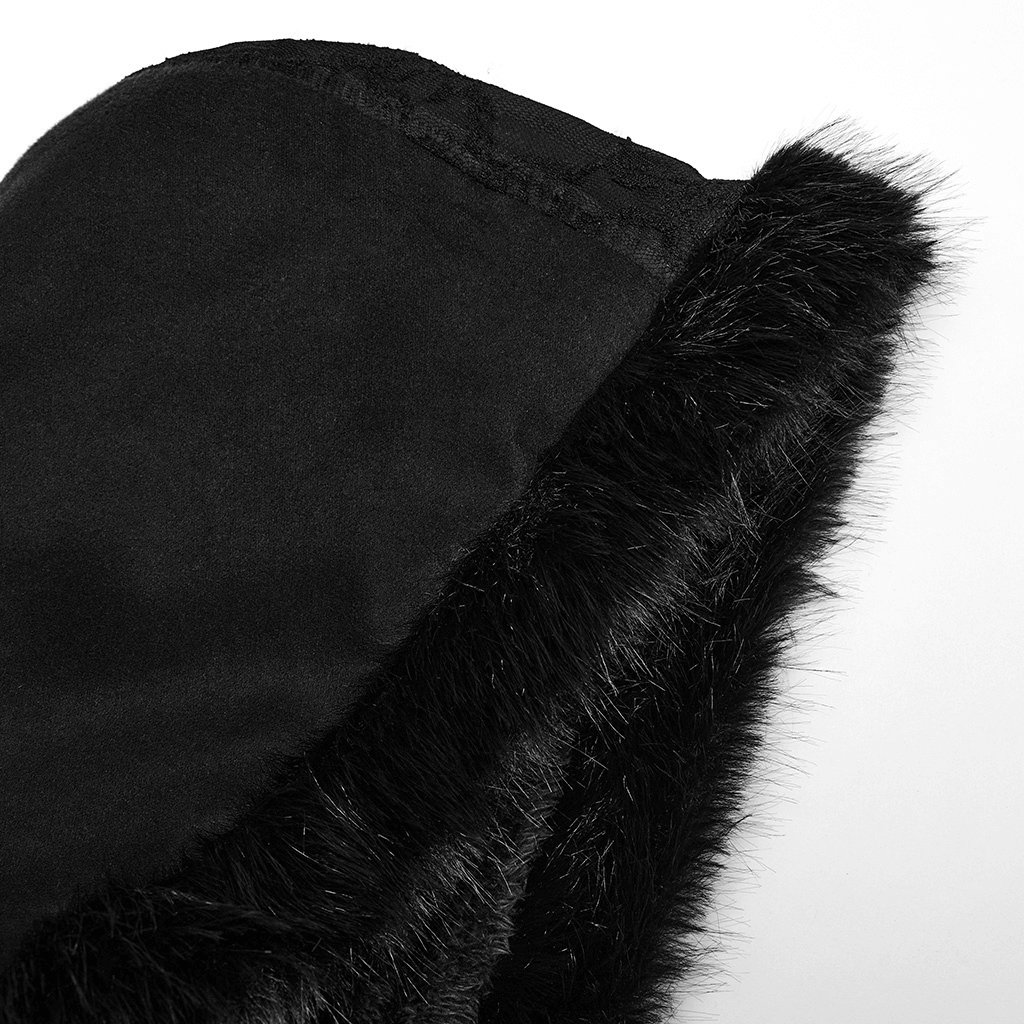 Close-up of luxurious faux fur trim on a women's gothic hooded woolen coat.