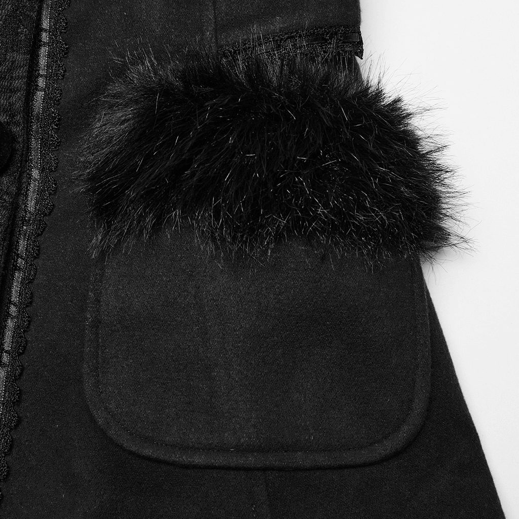 Close-up of faux fur trim on a women's gothic woolen coat, highlighting elegance and cozy style.