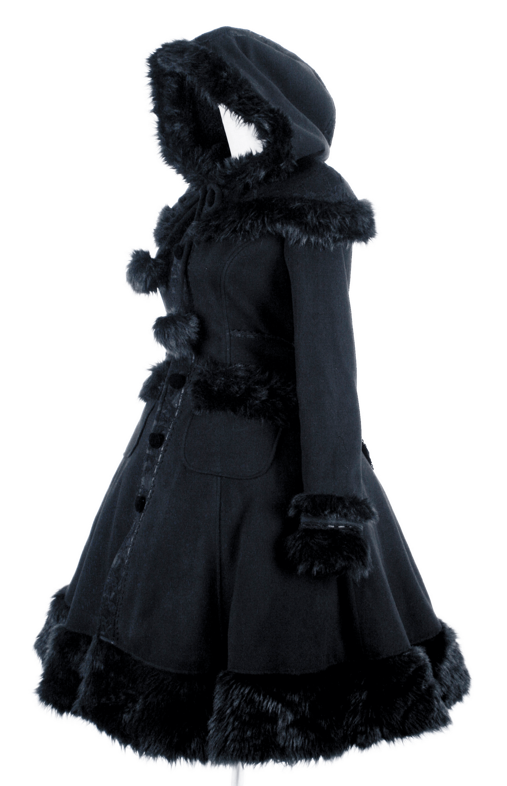 Women's Faux Fur-Trimmed Gothic Hooded Woolen Coat - HARD'N'HEAVY