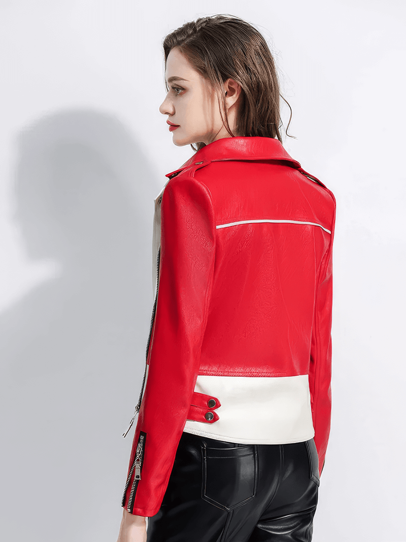 Back view of a women's faux leather biker jacket in red and white, showcasing a stylish rock design.