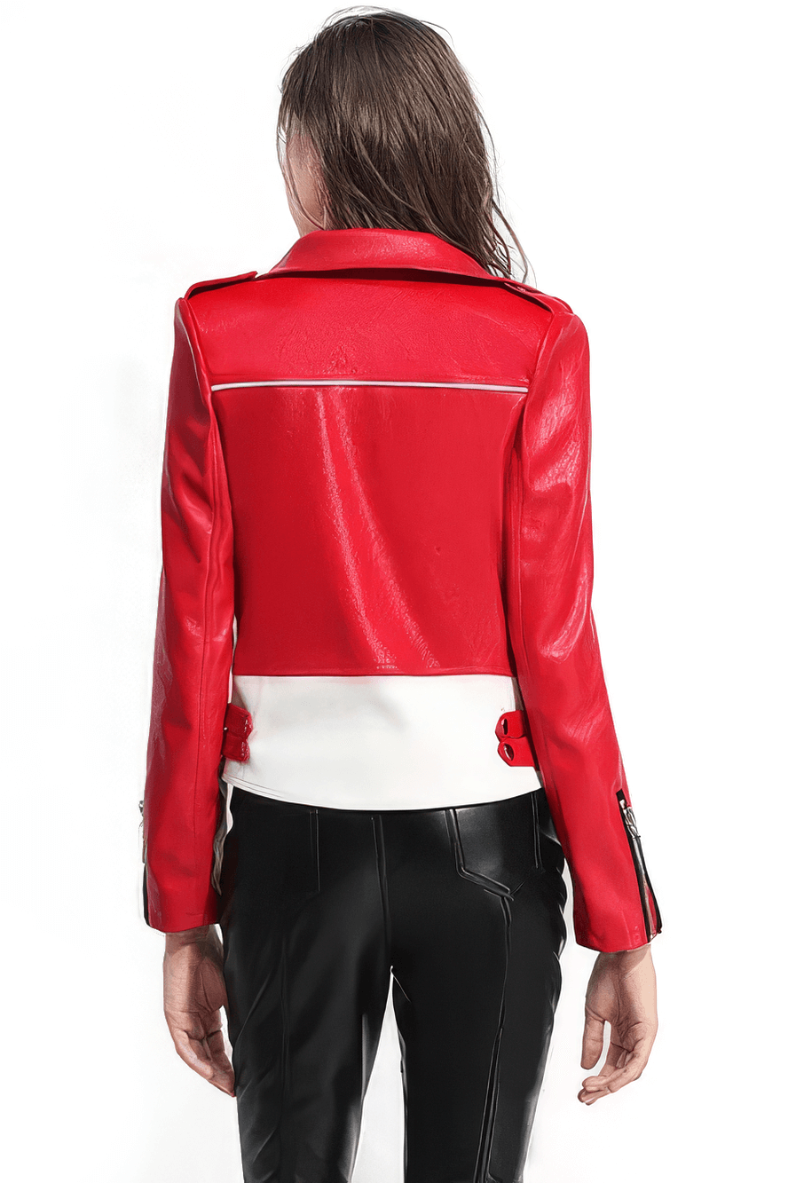 Back view of women's faux leather biker jacket in red and white, showcasing stylish rock-inspired design.