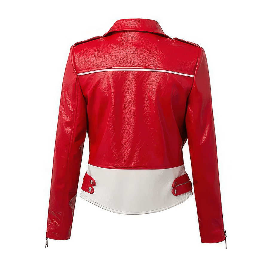 Back view of women's faux leather biker jacket in red and white color, featuring rock style design and stylish zippers.