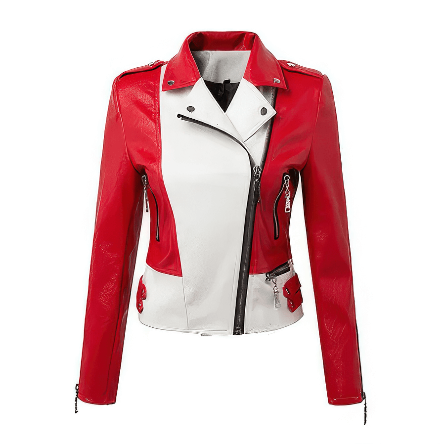 Stylish women's red and white faux leather biker jacket with zipper, perfect for rock style outfits.