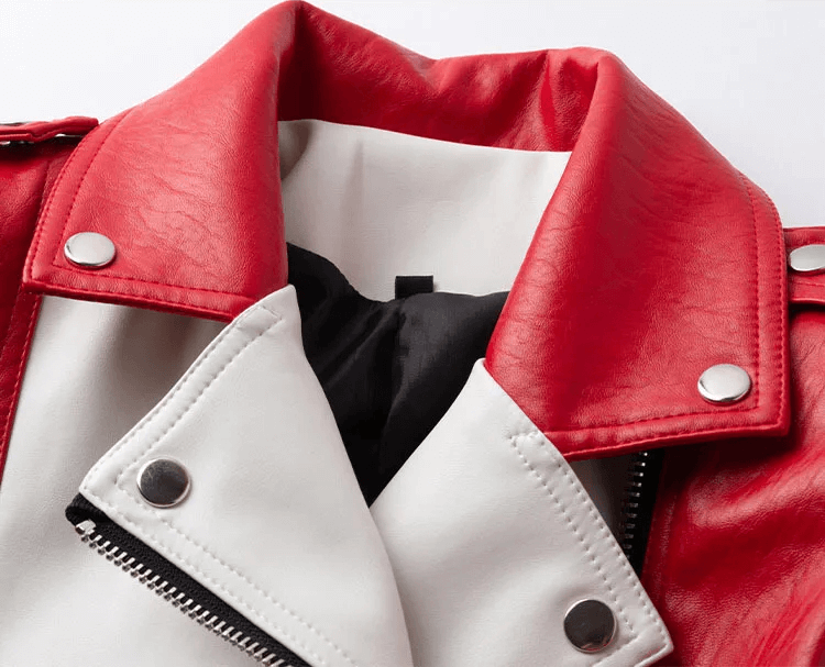 Close-up of Women's Red and White Faux Leather Biker Jacket collar and zipper, showcasing rock style details.