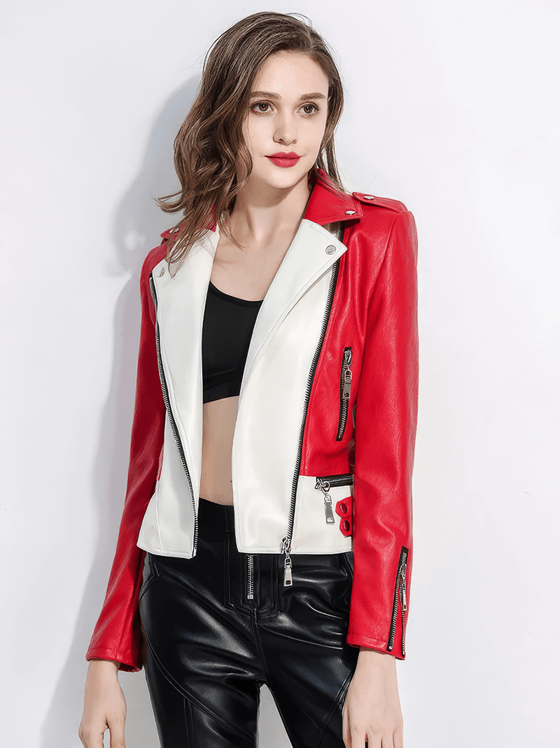 Stylish women's faux leather biker jacket in red and white, perfect for a rock-inspired look.