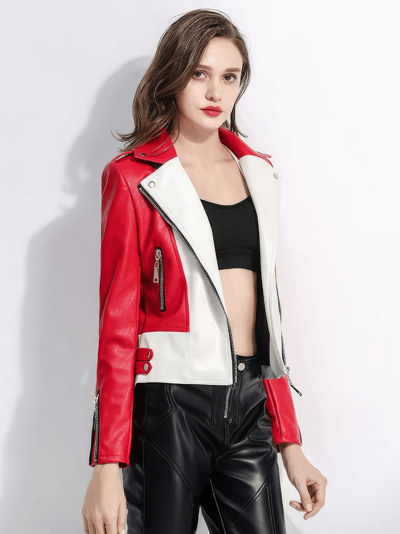 Women's red and white faux leather biker jacket with short zipper, stylish rock fashion look.