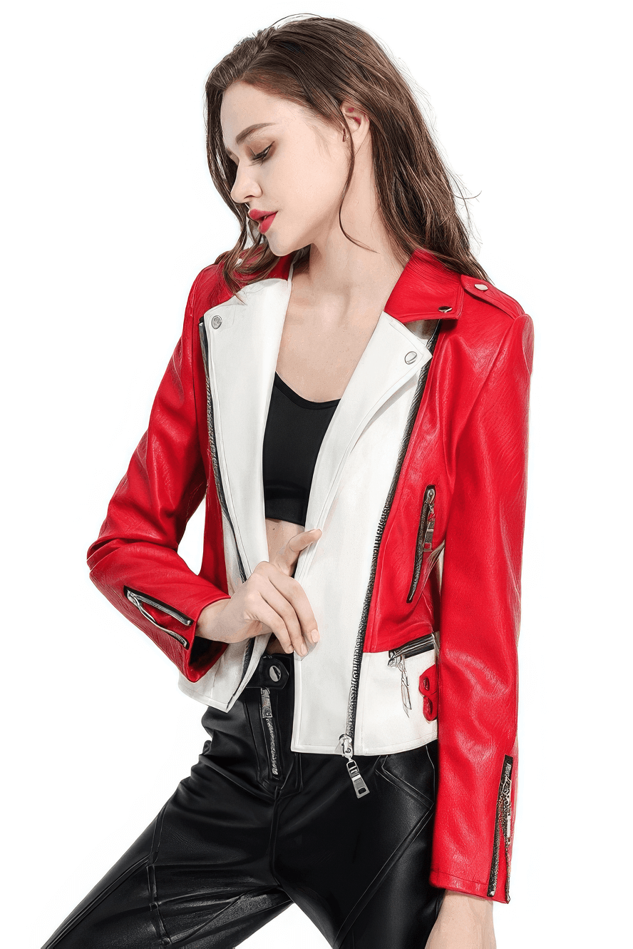Women's faux leather biker jacket in red and white, featuring a stylish design and edgy rock vibe.