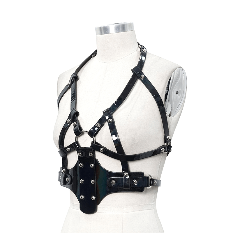Women's Gothic faux leather body harness with silver fittings, perfect for cosplay or a bold fashion statement.