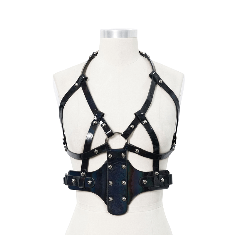 Gothic women's faux leather body harness with silver fittings, perfect for cosplay and enhancing style.
