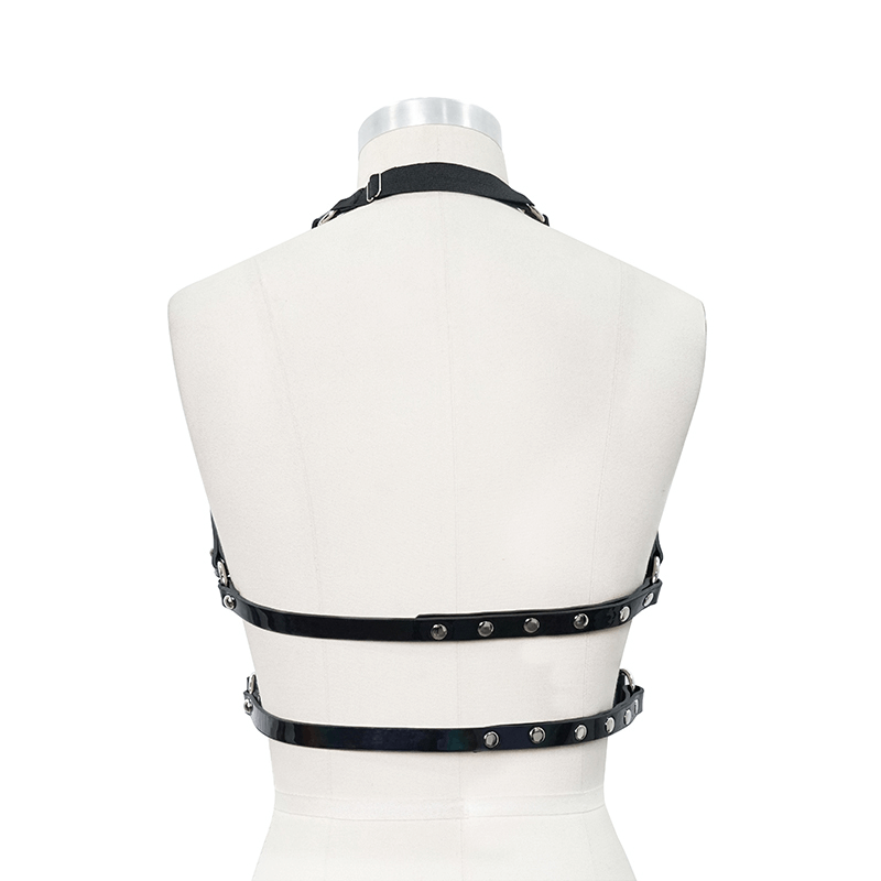 Back view of women's gothic faux leather body harness with silver fittings, showcasing adjustable straps and sexy design.