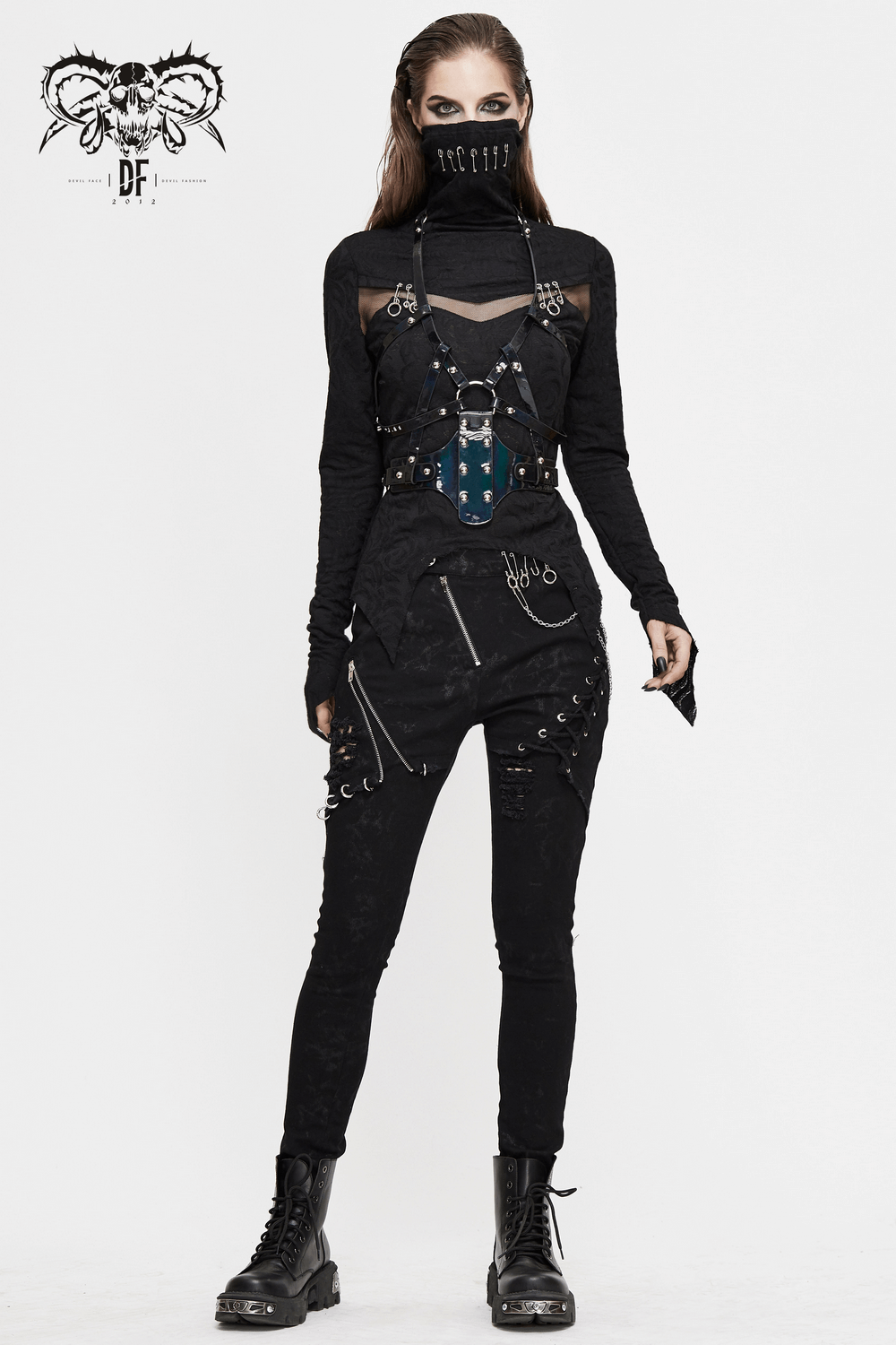 Women's gothic faux leather body harness with silver fittings, showcasing a sexy and elegant look for cosplay.