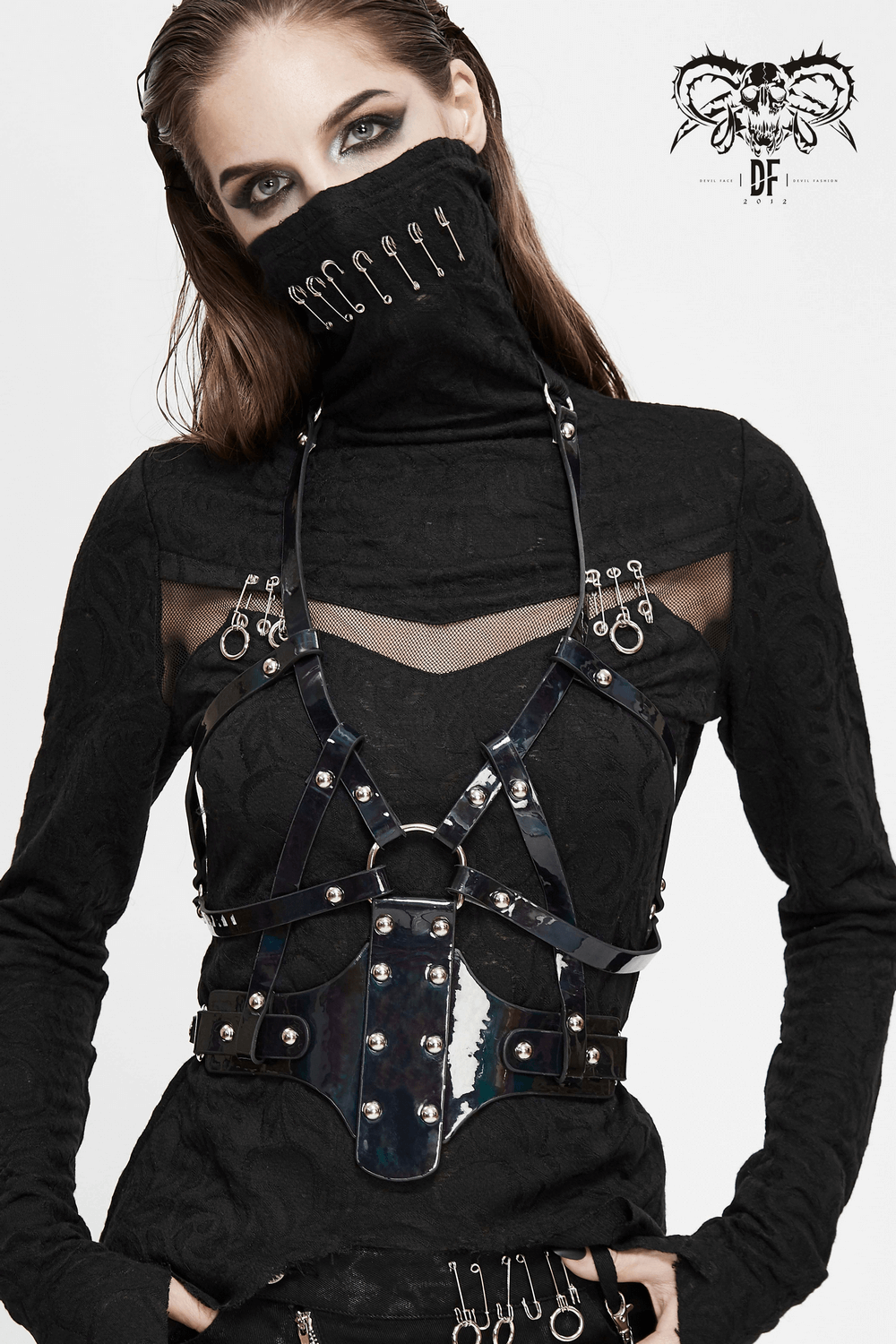 Women's gothic faux leather body harness with silver fittings, enhancing elegance and style for cosplay and sexy looks.