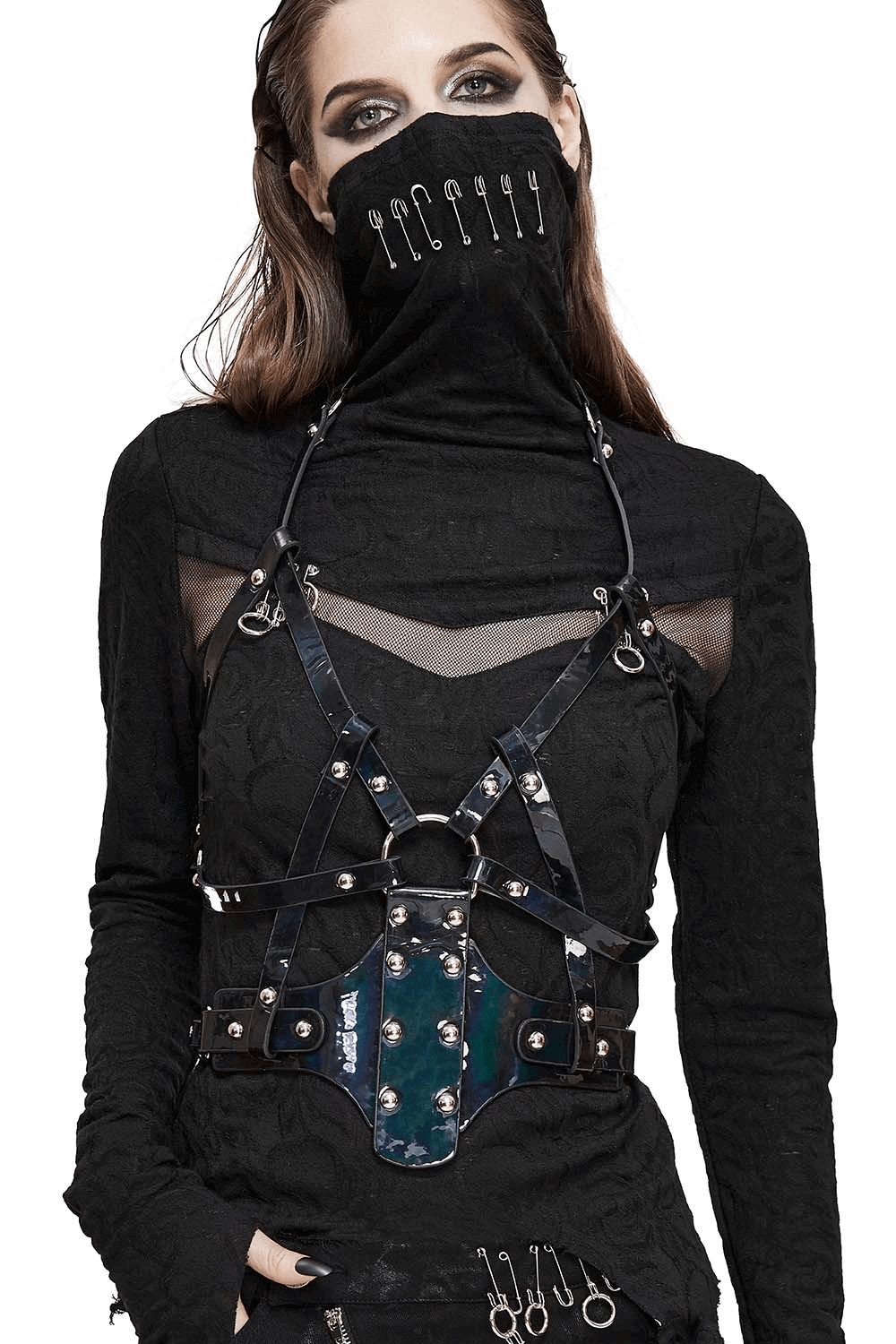 Gothic women's faux leather body harness with silver fittings, enhancing style for cosplay and elegant looks.
