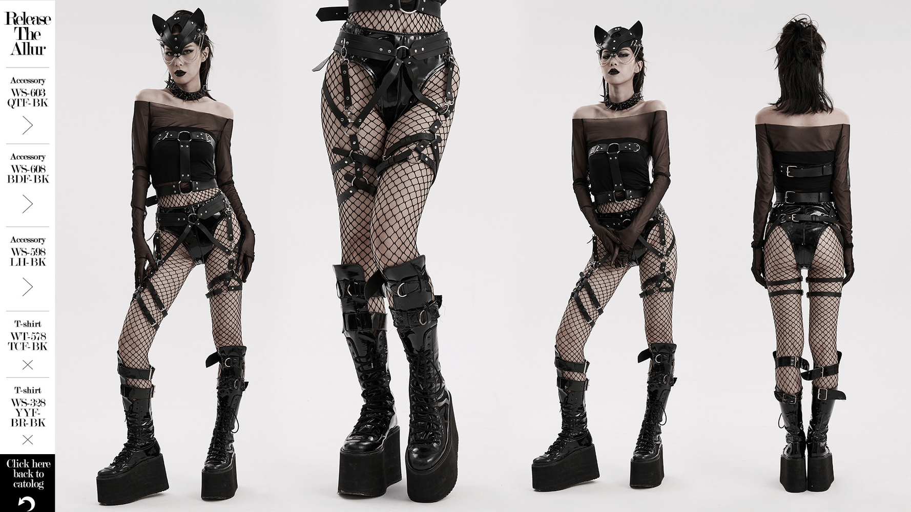 Model showcasing Women's Faux Leather Gothic Strappy Harness with fishnet stockings and edgy boots for alternative fashion.