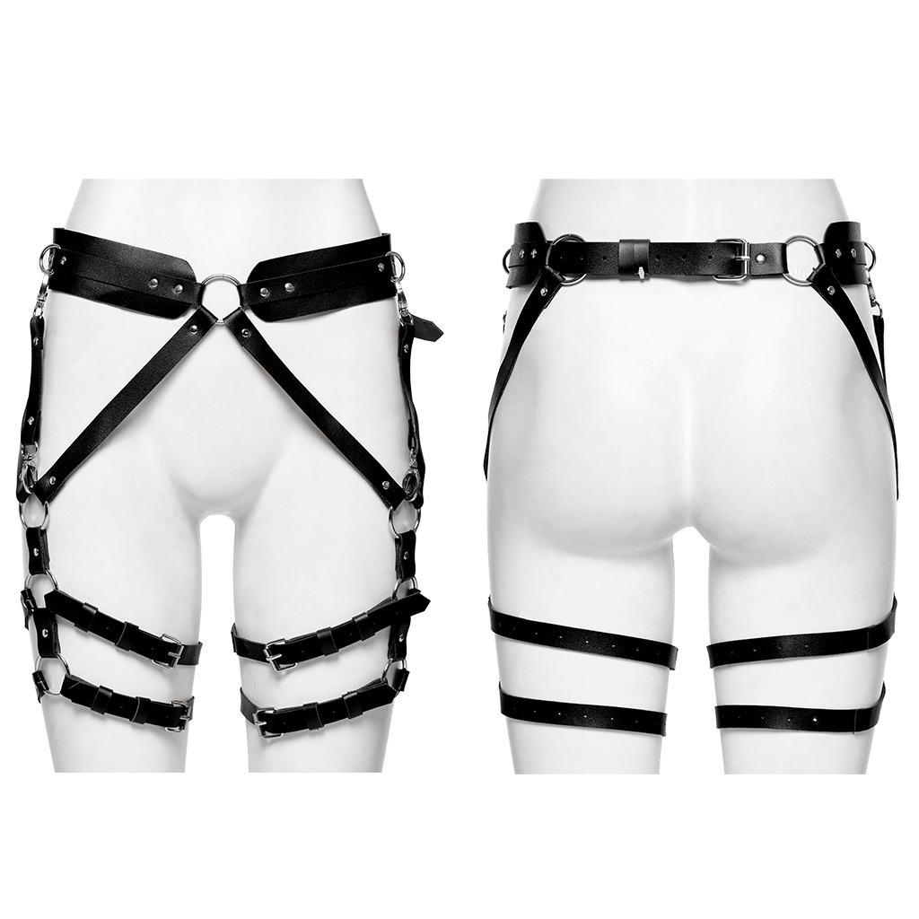 Women's faux leather gothic strappy harness showcasing a punk style with adjustable loops for waist and thighs.