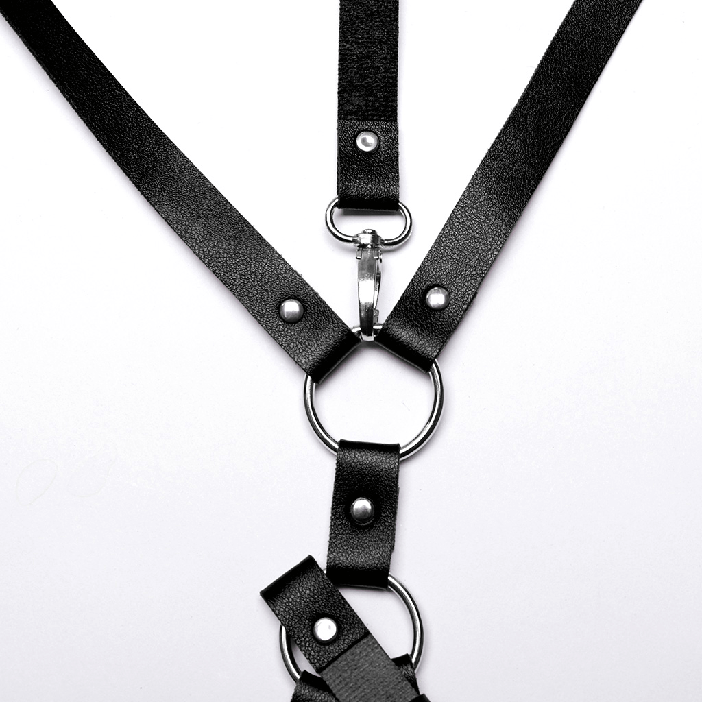 Women's faux leather gothic strappy harness with adjustable loops and metallic rings for punk fashion.