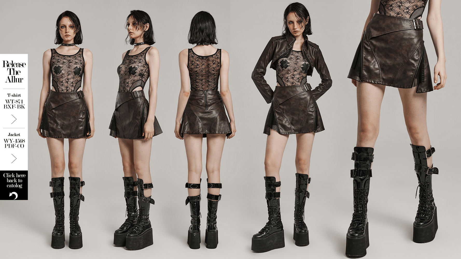 Stylish women's coffee faux leather mini skirt with side buckle, zippers, and mesh details for an edgy look.