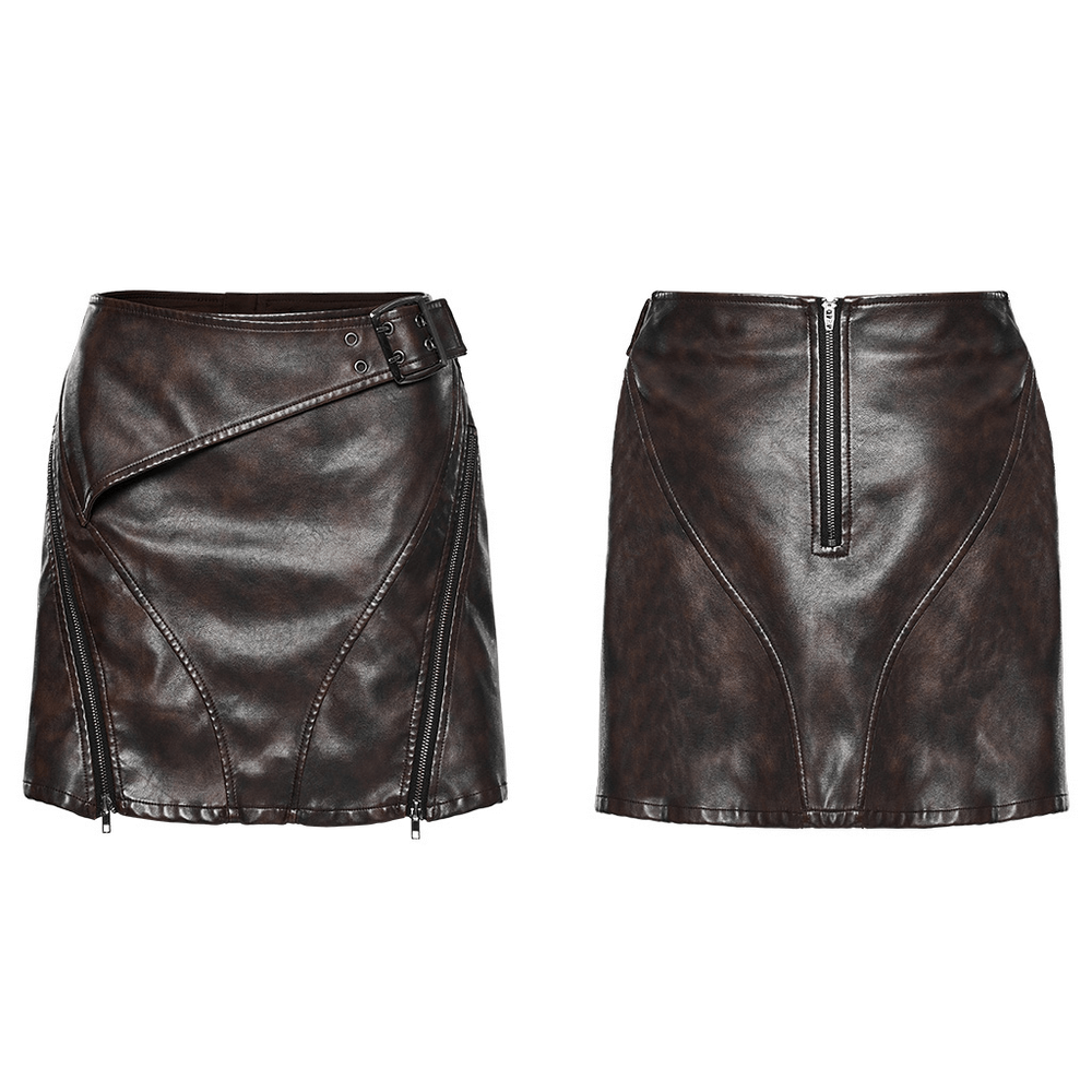 Trendy women's coffee faux leather mini skirt with side buckle and zippers, perfect for edgy summer outfits.