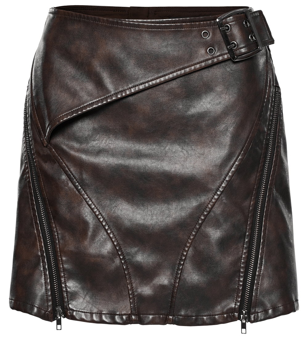 Women's Faux Leather Mini Skirt with Side Buckle and Zippers