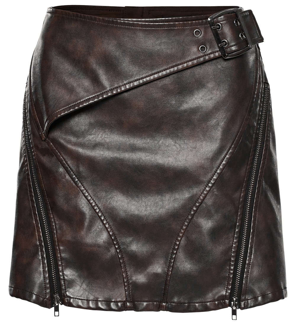 Women's edgy coffee faux leather mini skirt with side buckle and zippers, stylish and versatile for any occasion.