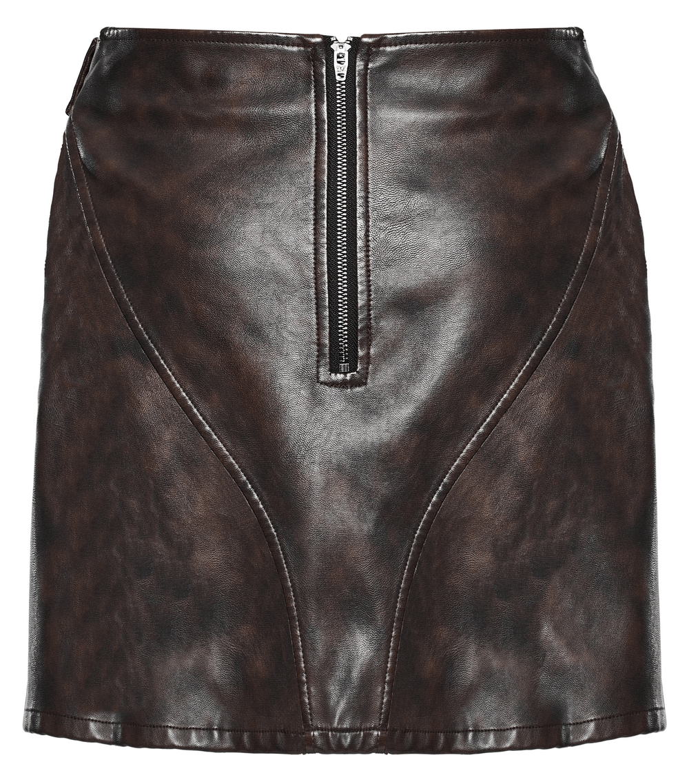 Women's coffee faux leather mini skirt with front zipper and stylish mesh detailing.