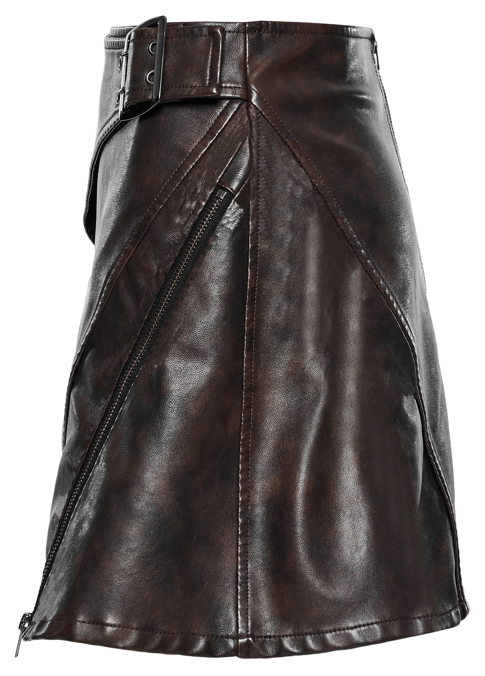 Women's coffee faux leather mini skirt with side buckle and zippers, edgy and stylish design.
