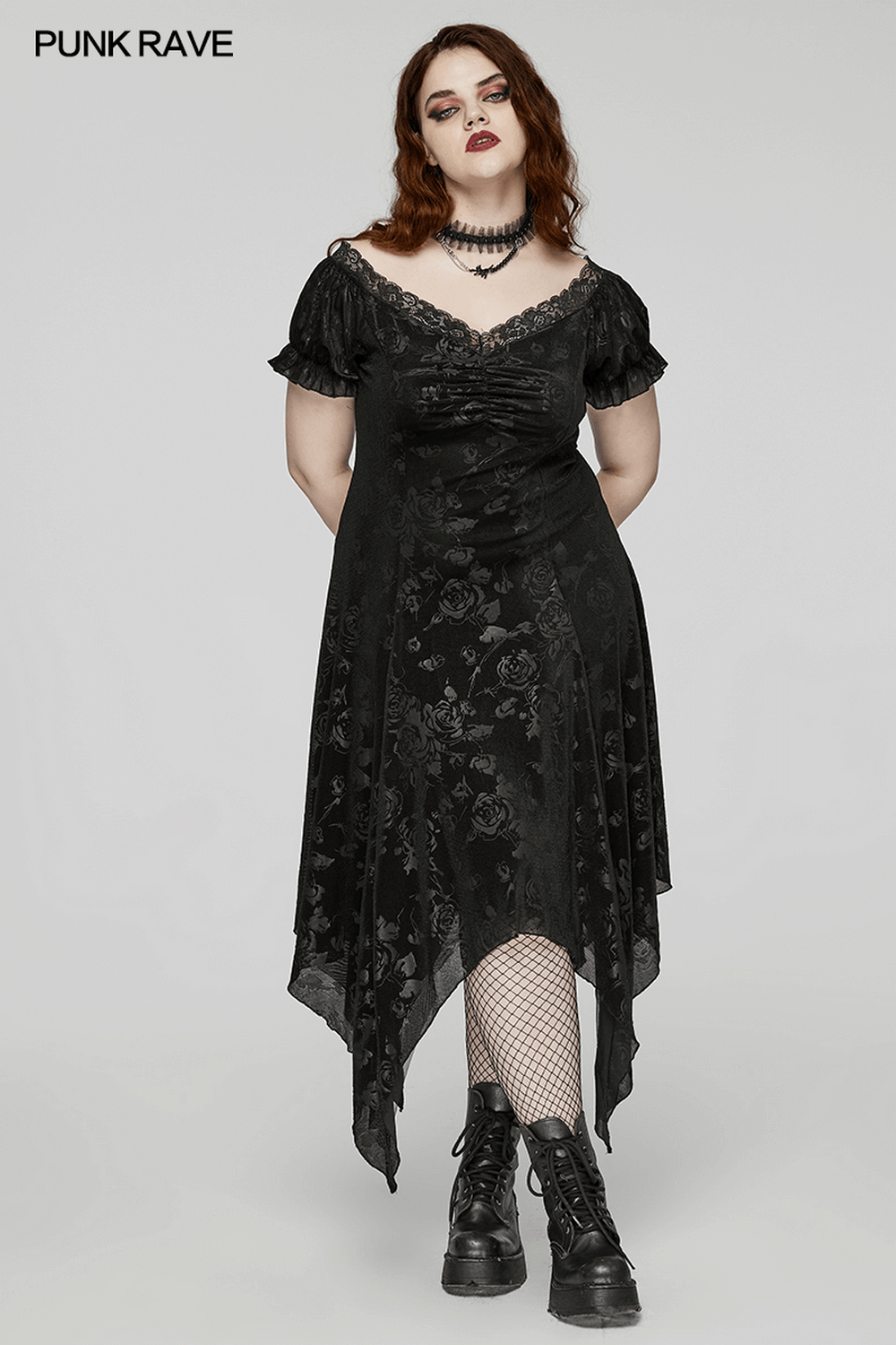 Women's Gothic Black Velvet Dress with Floral Design, Asymmetrical Hem & Lace Trim, Perfect for Dark Elegance.
