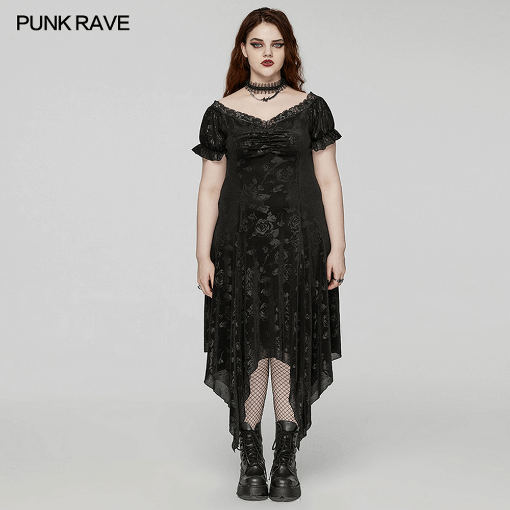 Women's Gothic Floral Black Velvet Dress with Asymmetrical Hem and Lace Trim for a Dark Elegant Style.