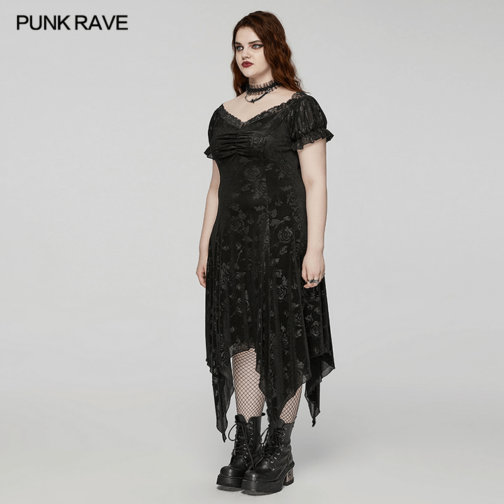 Women's Gothic Black Velvet Asymmetrical Dress with Floral Design and Lace Trim