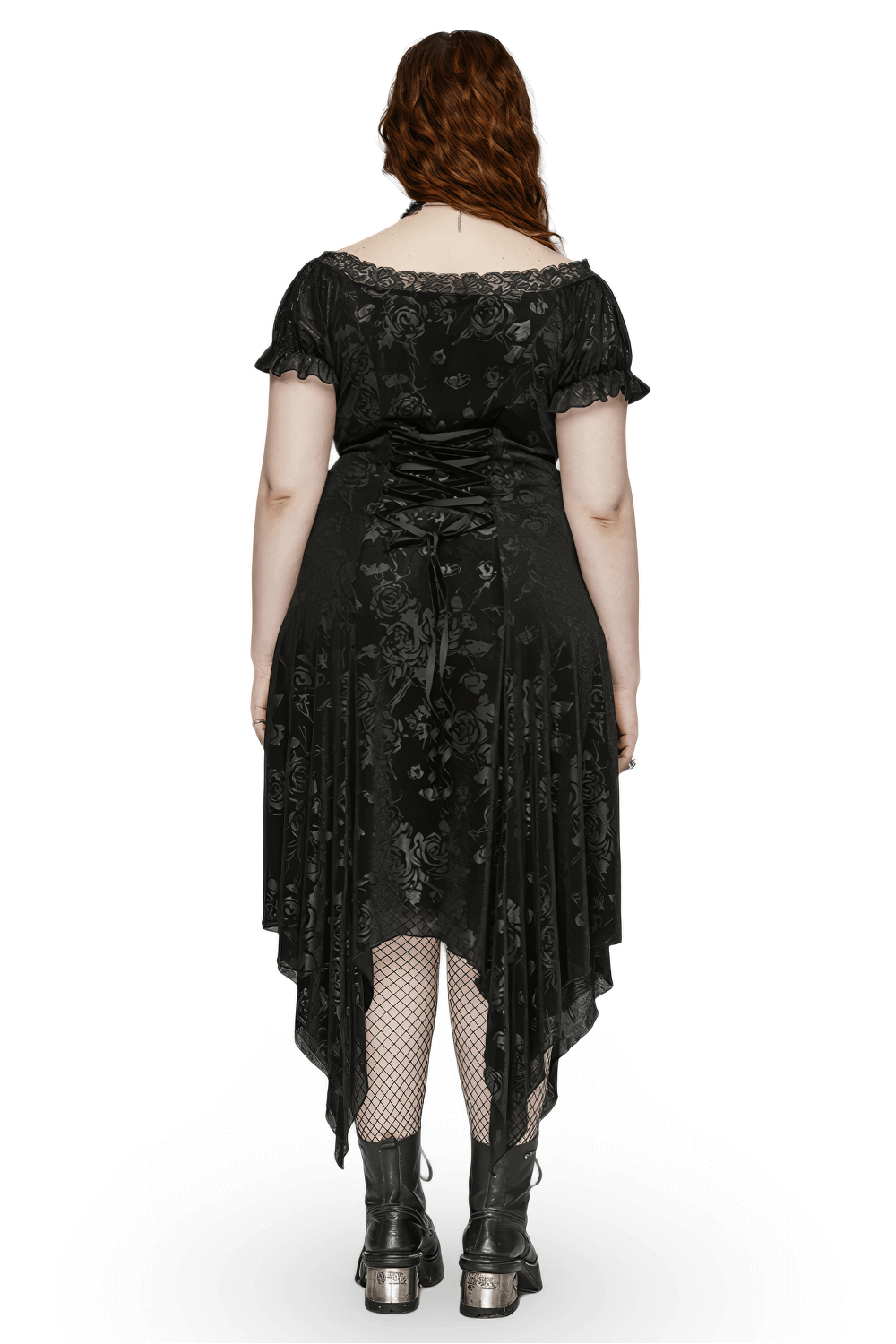 Back view of a Women's Floral Black Velvet Gothic Asymmetrical Dress showcasing its elegant lace trim and unique hemline.