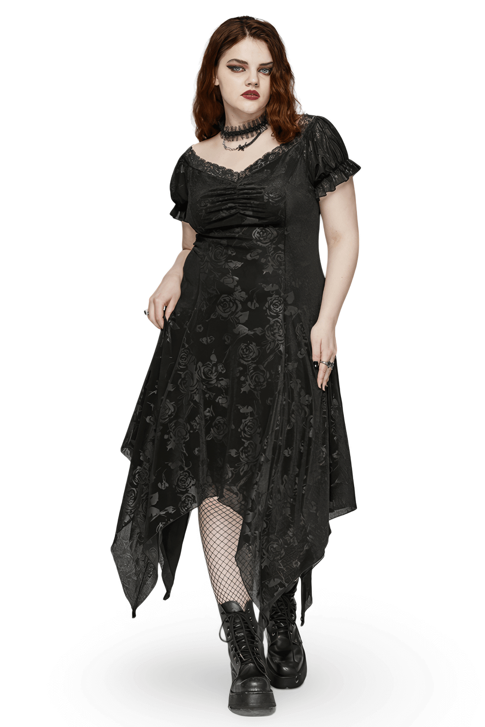 Gothic style women's floral black velvet dress with asymmetrical hem and lace trim for a darkly elegant look.