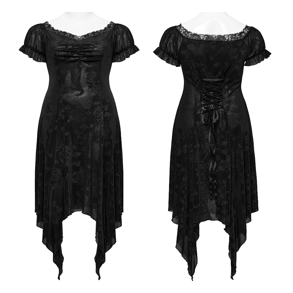 Gothic women's black velvet dress with lace trim and asymmetrical hem, featuring floral rose mesh design.