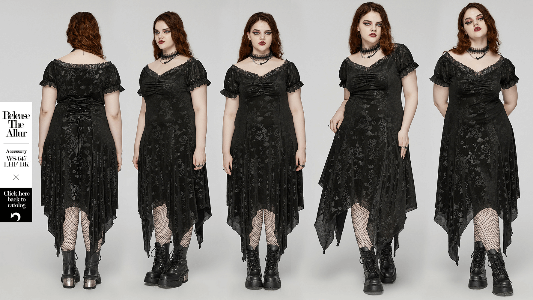 Women's Floral Black Velvet Gothic Asymmetrical Dress