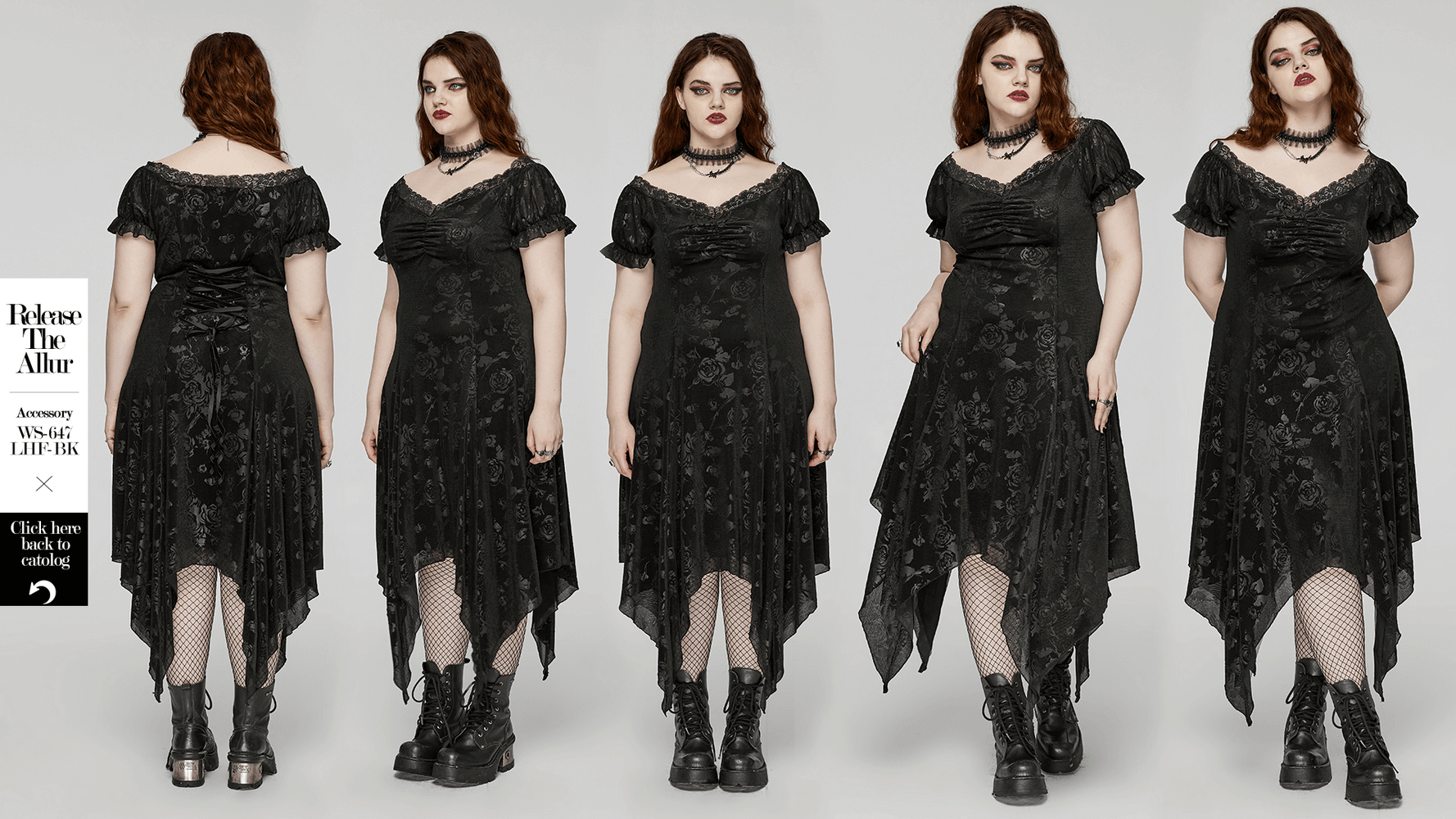 Women's Gothic black velvet dress with floral mesh, asymmetrical hem, and lace trim for a striking dark elegance.