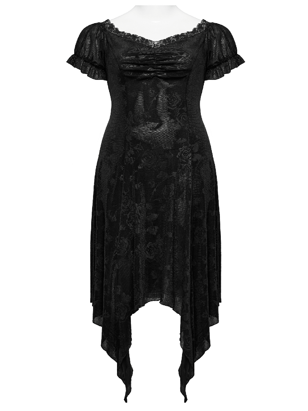 Women's gothic floral black velvet asymmetrical dress with lace trim and irregular hem.