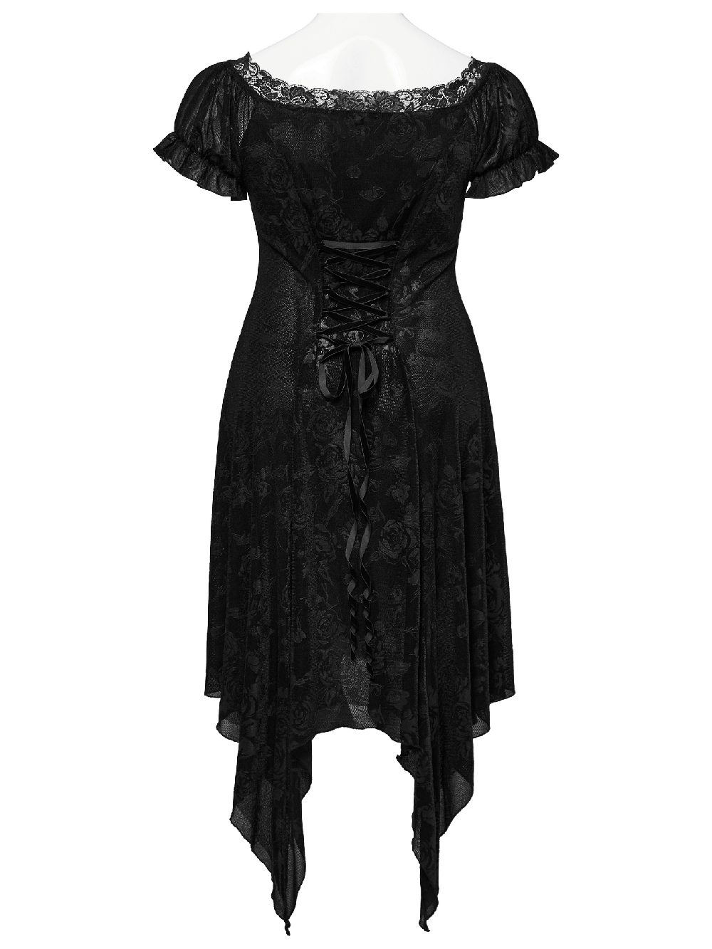 Women's Gothic Black Velvet Dress with lace trim and asymmetrical hem, showcasing a stylishly mysterious look.